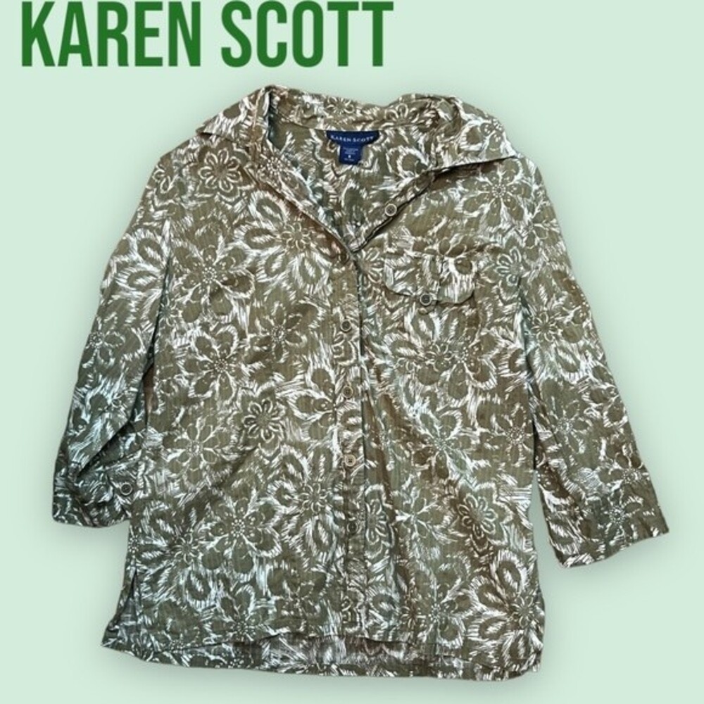 Karen Scott Green & White Button Down Tropical Floral 3/4 Sleeve Blouse Small